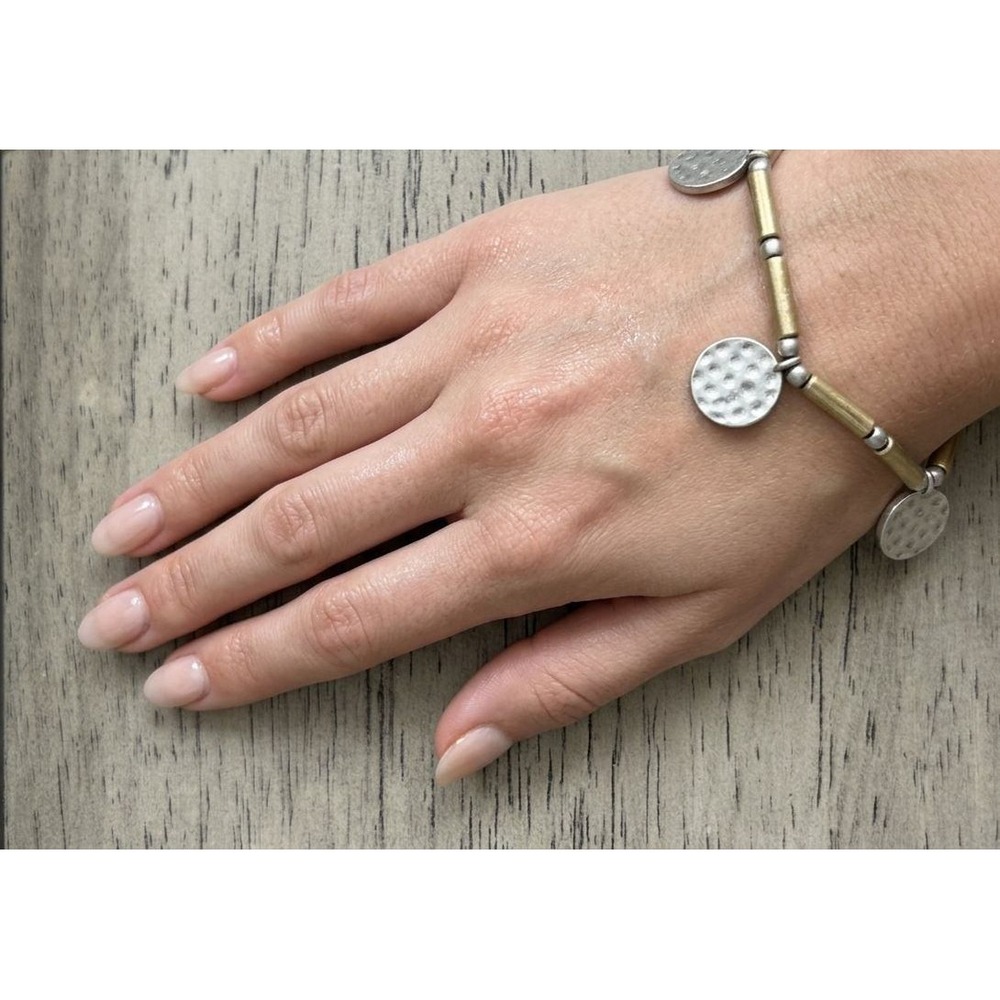 Mixed Metal Hammered Disc Charm Stretch Bracelet Gold Silver Tone Boho Artisan